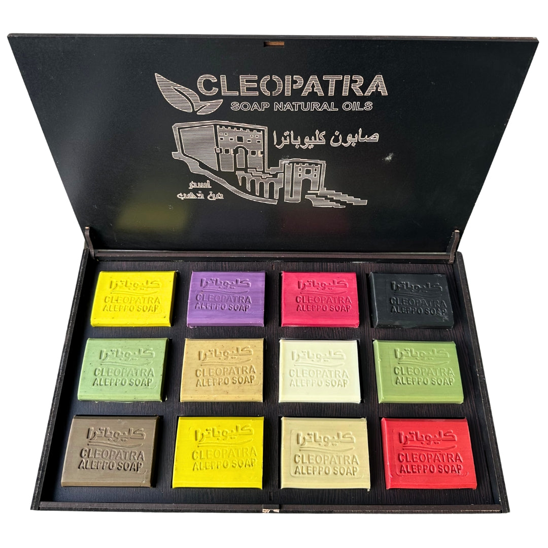 Cleopatra Aleppo Soap Gift Box Set (12 x 100g) Handmade All-Natural Bars in Elegant Wood Box