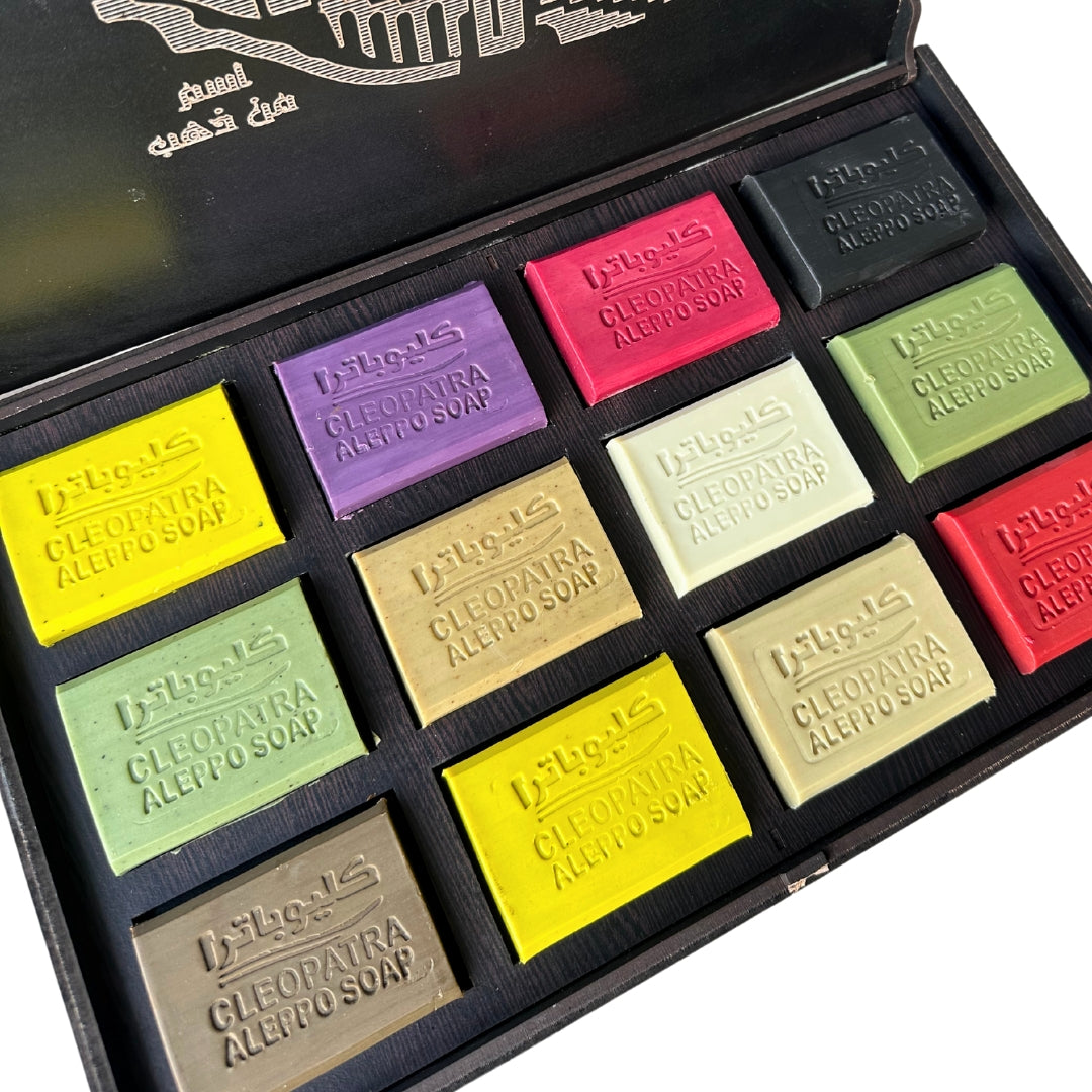 Cleopatra Aleppo Soap Gift Box Set (12 x 100g) Handmade All-Natural Bars in Elegant Wood Box