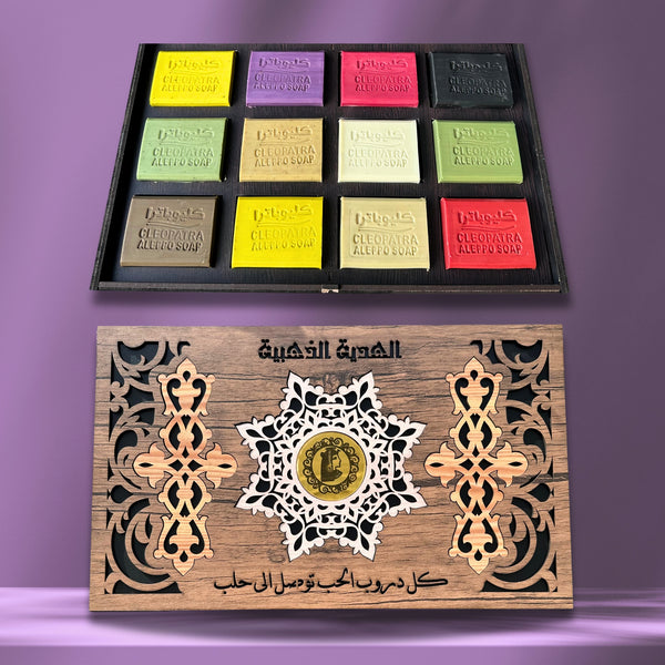 Cleopatra Aleppo Soap Gift Box Set (12 x 100g) Handmade All-Natural Bars in Elegant Wood Box