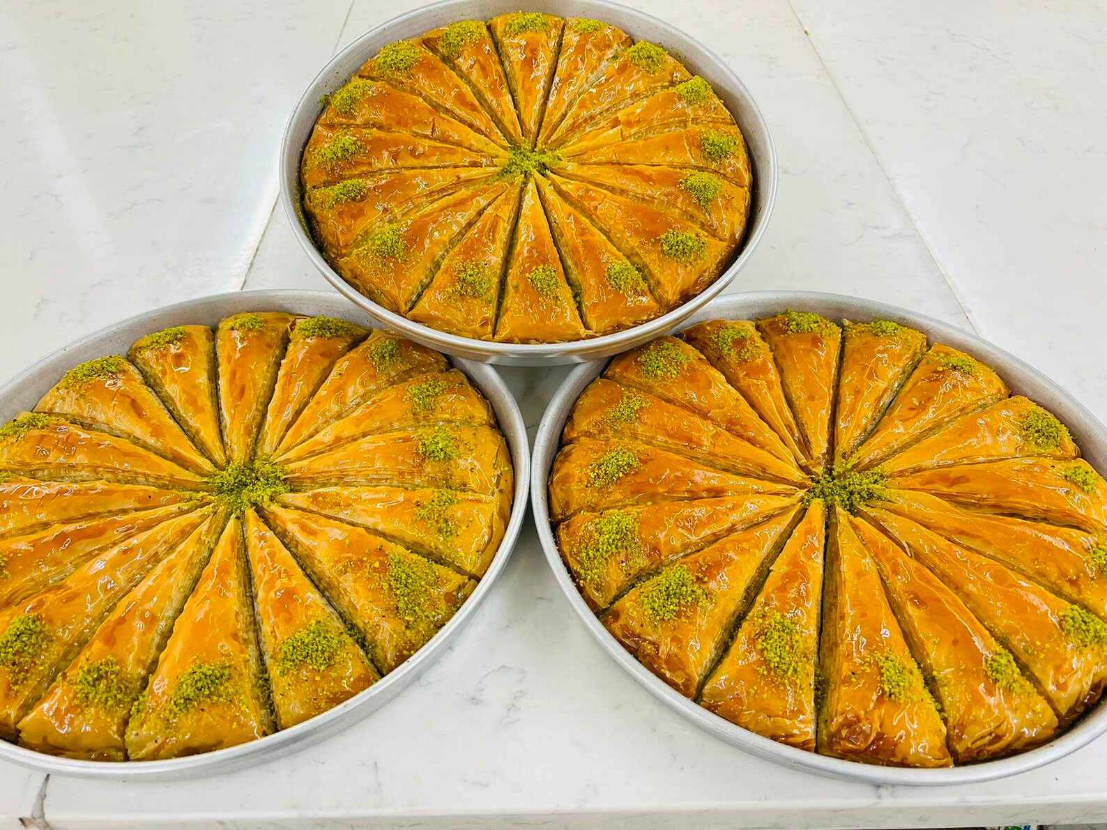 Premium Turkish Pistachio Baklava Triangles in Round Tray (1.6kg)