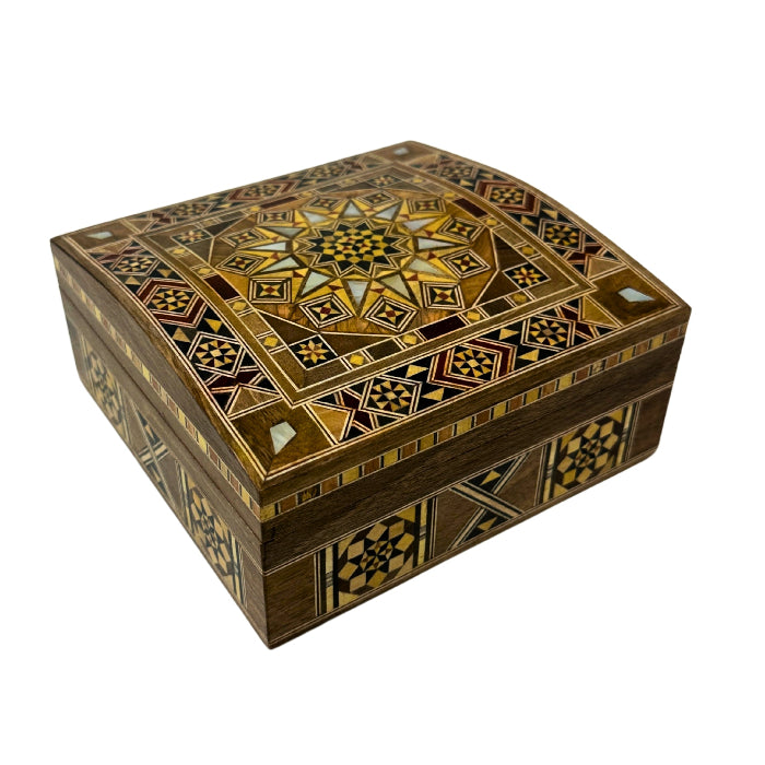 Medium Handmade Syrian Mosaic Decorative Box with Geometric Mother of Pearl Inlay
