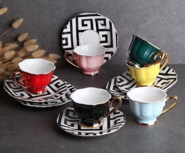 Colorful Porcelain Coffee and Saucer Cup Set of 12