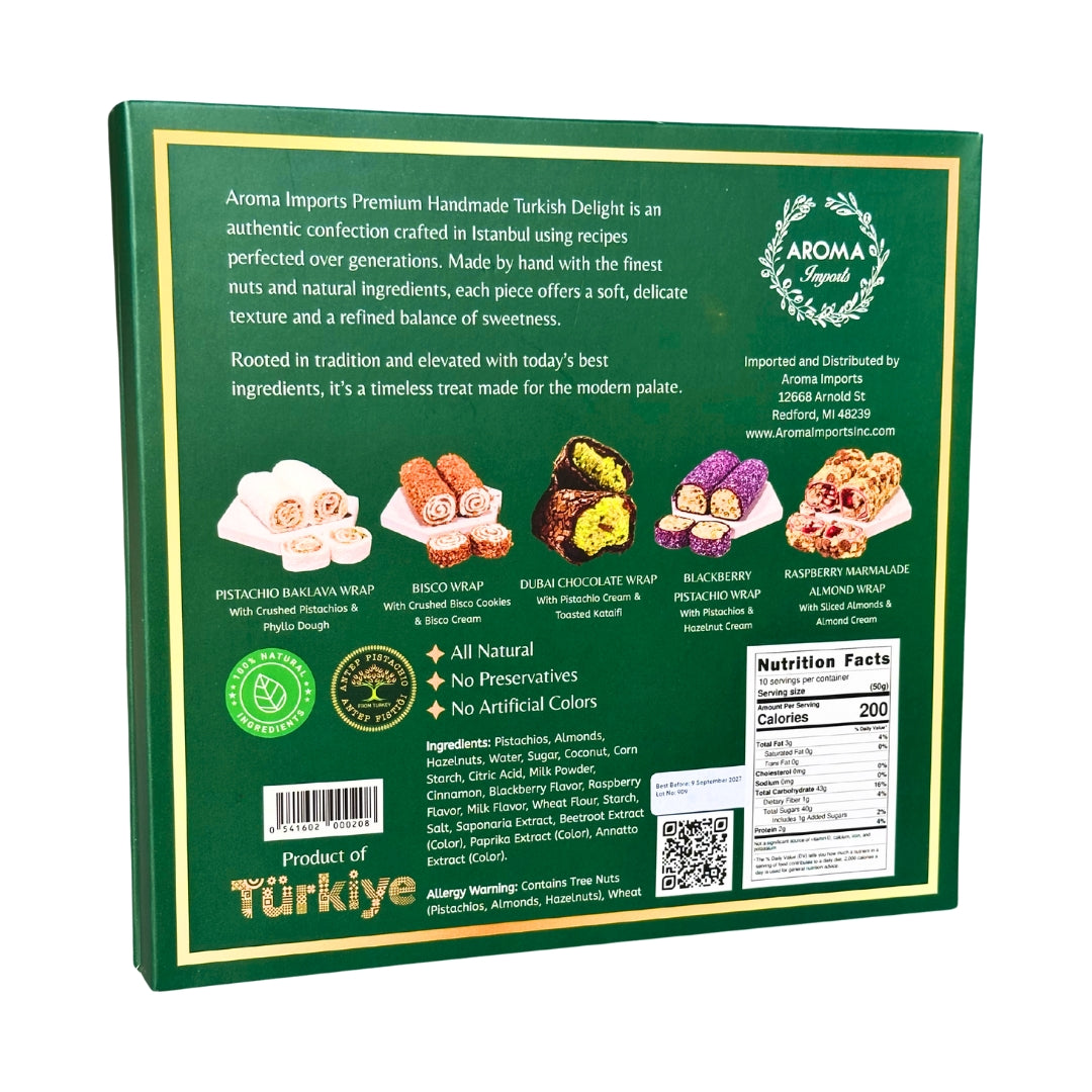 Back of a green packaging box for Aroma Imports Turkish Delight with product details and images.