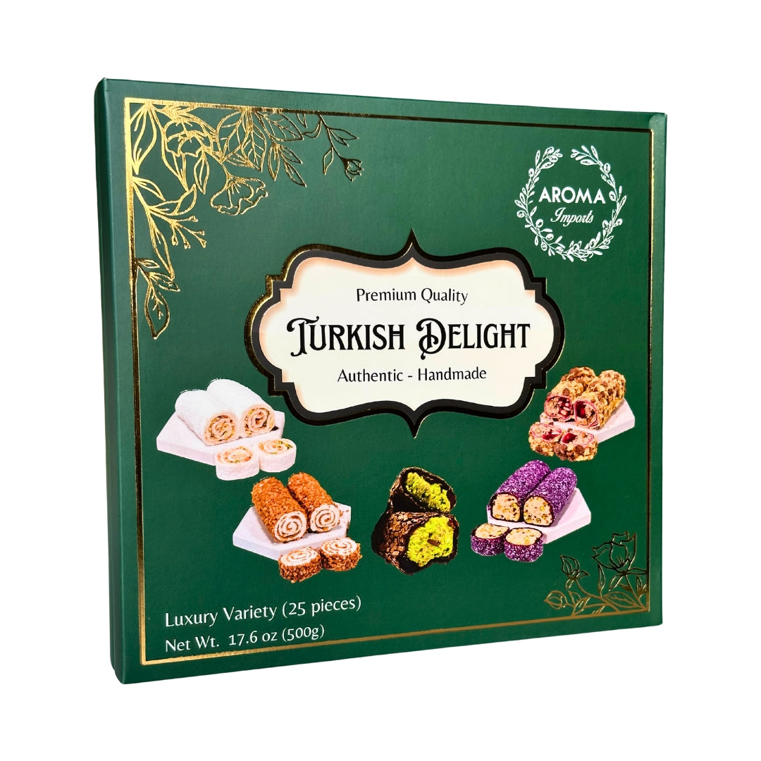 Luxury Turkish Delight Gift Box featuring 25 pieces of artisan Lokum wraps, including Dubai Chocolate and Baklava flavors, in a premium 500g Aroma Imports retail pack.