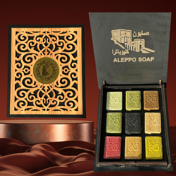 Cleopatra Aleppo Soap Wood Gift Box Set – 9 Handmade All-Natural Bars