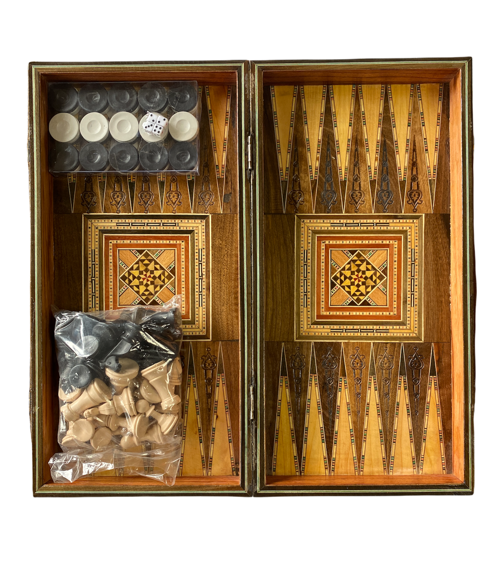 Handmade Mosaic Wood Chess & Backgammon Set with Mother of Pearl Inlay