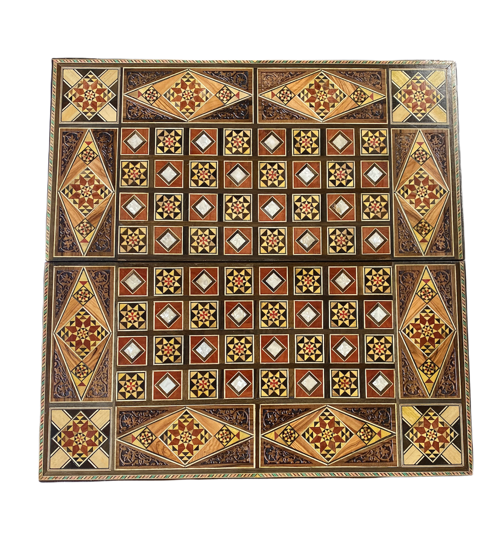 Handmade Mosaic Wood Chess & Backgammon Set with Mother of Pearl Inlay