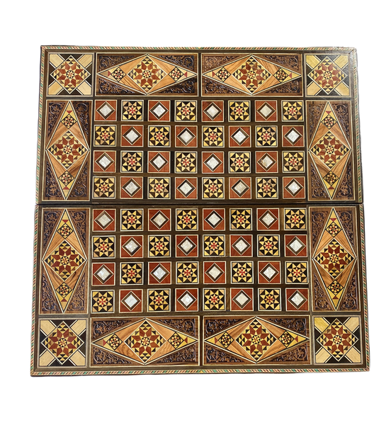 Handmade Mosaic Wood Chess & Backgammon Set with Mother of Pearl Inlay